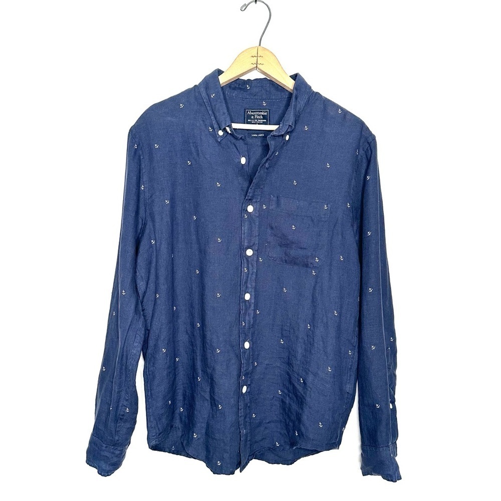 Abercrombie | Navy Blue Embroidered Anchors Linen Button Down Shirt Size S